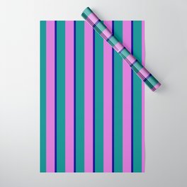 [ Thumbnail: Dark Cyan, Orchid, and Dark Blue Colored Stripes/Lines Pattern Wrapping Paper ]