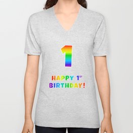 [ Thumbnail: HAPPY 1ST BIRTHDAY - Multicolored Rainbow Spectrum Gradient V Neck T Shirt V-Neck T-Shirt ]