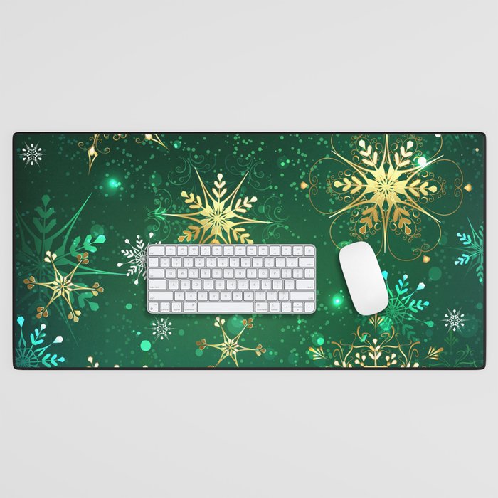 Golden Snowflakes on Green Background Desk Mat