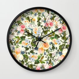 Country chic ivory forest green orange pink watercolor floral Wall Clock