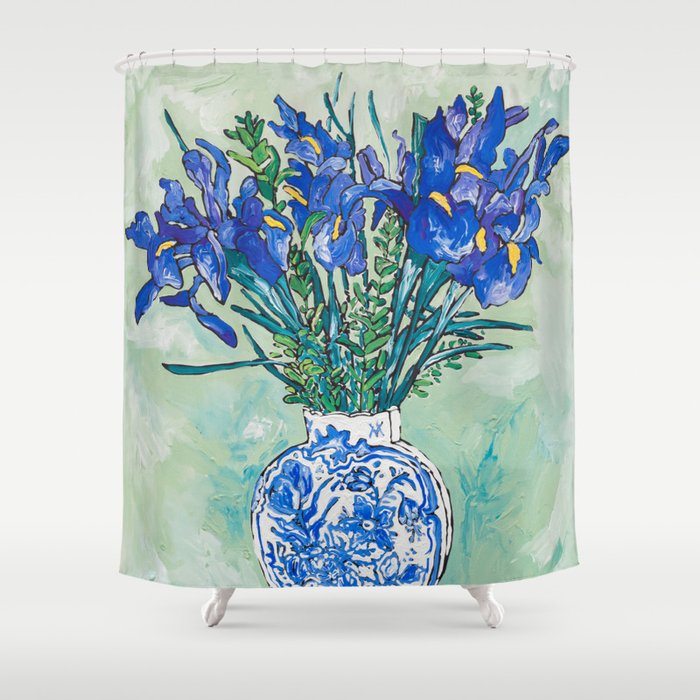 Iris Bouquet In Chinoiserie Vase On Blue And White Striped