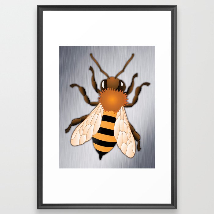 Bee over Brushed Steel Background Framed Art Print