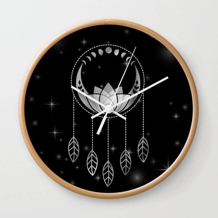 Mystic lotus dream catcher with moons and stars silver Wall Clock