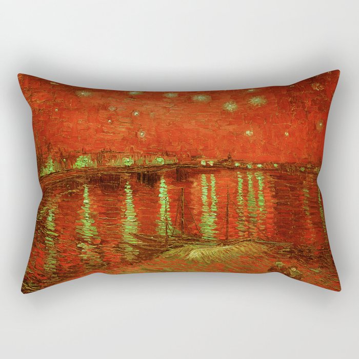 Starry Night Over the Rhone landscape painting by Vincent van Gogh in alternate tangerine orange with yellow gold stars Rectangular Pillow