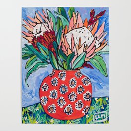 Protea Bouquet in Red Bulb vase on Ultramarine Blue Floral Still Life Painting Poster