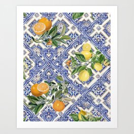 Mediterranean blue ceramic tiles & citrus fruit, lemons and oranges Art Print