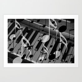 music notes white black piano keys Art Print