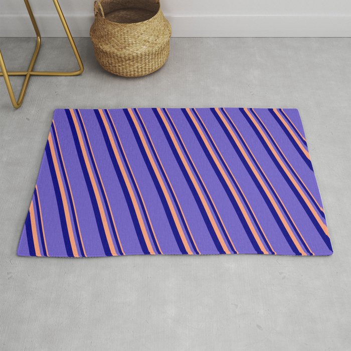 Light Salmon, Blue, and Slate Blue Colored Stripes Pattern Rug
