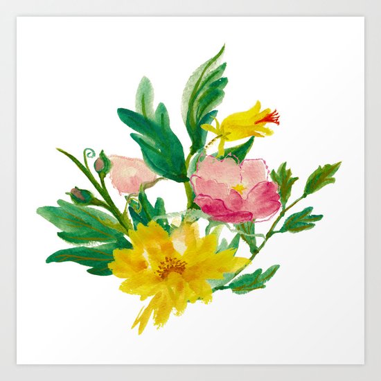 Watercolor Bouquet of Yellow and Purple Peonies Art Print