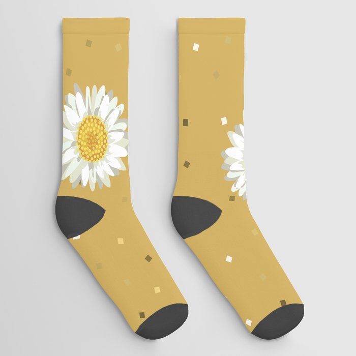 Daisy Flower seamless pattern and Gold Confetti on Gold Background Socks