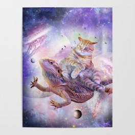 Space Cat Riding Bearded Dragon Lizard Poster