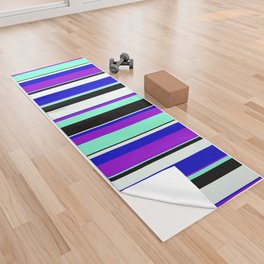 [ Thumbnail: Dark Violet, Aquamarine, Black, Mint Cream & Blue Colored Pattern of Stripes Yoga Towel ]