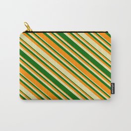[ Thumbnail: Pale Goldenrod, Dark Green, and Dark Orange Colored Lined/Striped Pattern Carry-All Pouch ]