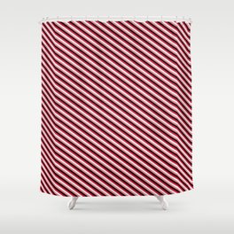 [ Thumbnail: Crimson, Light Cyan, Light Coral, and Black Colored Stripes Pattern Shower Curtain ]