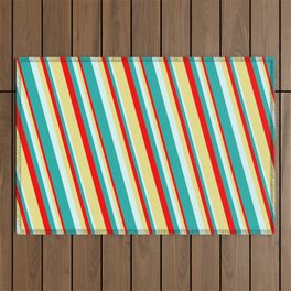 [ Thumbnail: Red, Tan, Light Cyan, and Light Sea Green Colored Lined/Striped Pattern Outdoor Rug ]