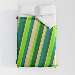 [ Thumbnail: Teal, Dark Green, Tan, and Green Colored Striped/Lined Pattern Duvet Cover ]