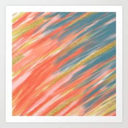 Peach, Blue and Gold Abstract Art Print