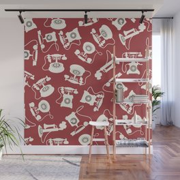 Vintage Rotary Dial Telephone Pattern on Antique Red Wall Mural