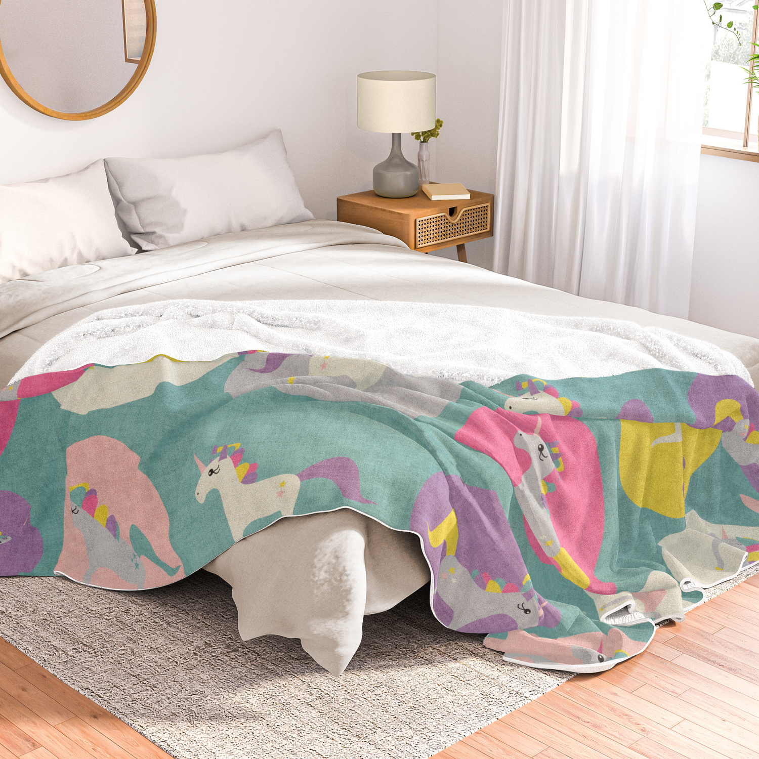 Cute Unicorn Polka Dots Teal Pastel Colors And Linen Texture