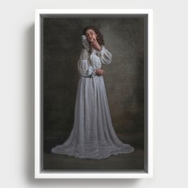 The haunting; young woman in pearl white Victorian gown with snowy owl perched on her shoulder female magical realism portrait photograph / photography Framed Canvas