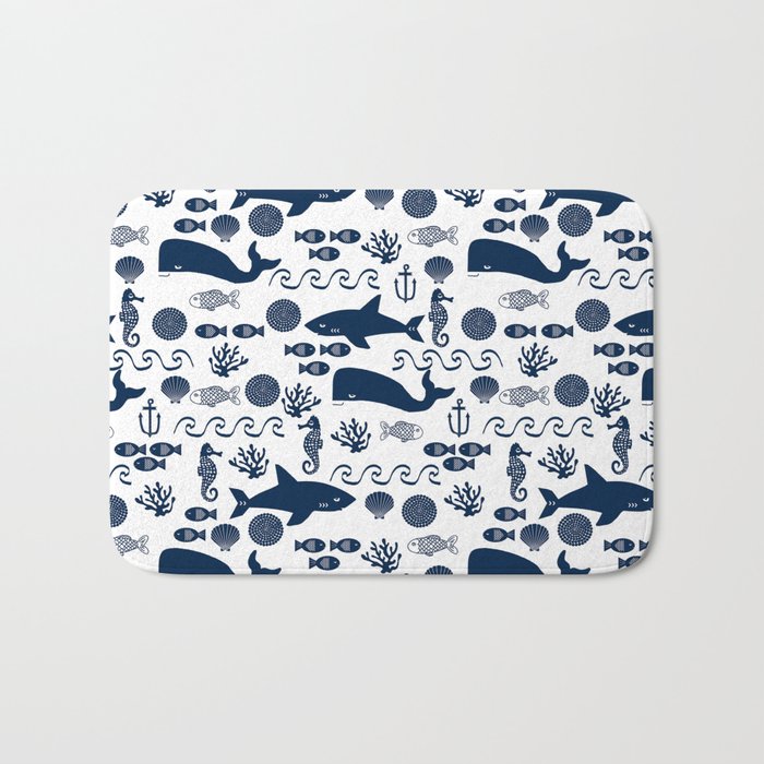Sealife nautical navy and white modern trendy basic pattern print nursery pattern Bath Mat