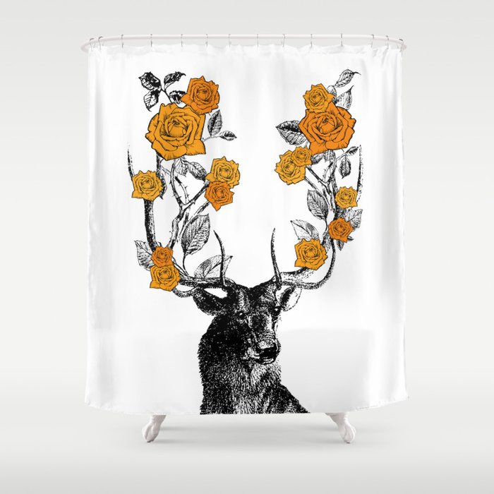 The Stag and Roses | Deer and Flowers | Orange | Vintage Stag | Vintage Deer | Antlers | Woodland | Shower Curtain