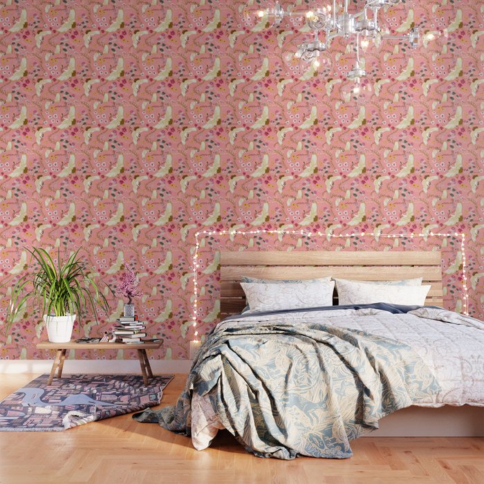 Chinoiserie cranes on pink, birds, flowers,  Wallpaper