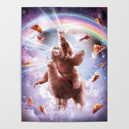 Laser Eyes Space Cat Riding Sloth, Llama - Rainbow Poster