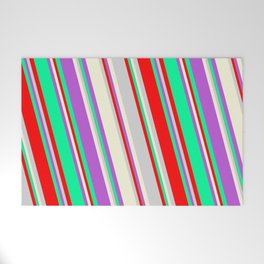 [ Thumbnail: Colorful Orchid, Green, Red, Light Gray, and Beige Colored Striped/Lined Pattern Welcome Mat ]
