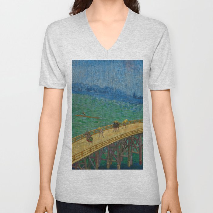 Bridge in the Rain, after Hiroshige, 1887 by Vincent van Gogh V Neck T Shirt