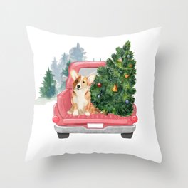 Driving Home For Christmas - Corgi On Red Xmas Car  Throw Pillow