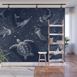 Cosmic Ocean Wall Mural | Fish, Digital, Nature, Blue, Painting, Space, Drawing, Cosmos, Sea, Pattern 
