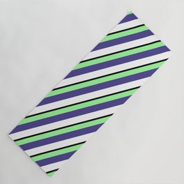 [ Thumbnail: Green, Dark Slate Blue, White & Black Colored Striped Pattern Yoga Mat ]