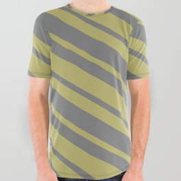 [ Thumbnail: Dark Khaki & Gray Colored Lined/Striped Pattern All Over Graphic Tee ]