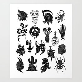 Flash Sheet Art Print | Oldschool, Skull, Halloween, Carving, Drawing, Wolf, Flowers, Blackandwhite, Tattoo, Curated 