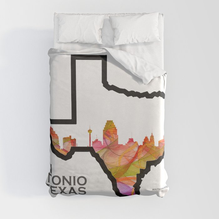 Texas State Map with San Antonio Skyline Duvet Cover