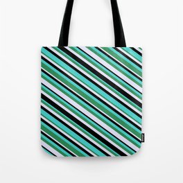 [ Thumbnail: Turquoise, Sea Green, Lavender & Black Colored Stripes Pattern Tote Bag ]