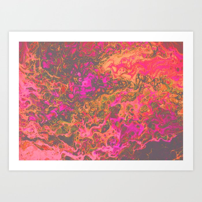 Hot Pink Orange Yellow Hypnotic Liquid Acrylic Fluid Paint Pour Abstract Modern Contemporary Funky Art Art Print