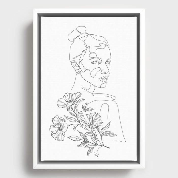 Line Art Drawing Woman flowers Framed Canvas