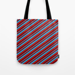 [ Thumbnail: Deep Sky Blue, Red & Dark Red Colored Lines Pattern Tote Bag ]