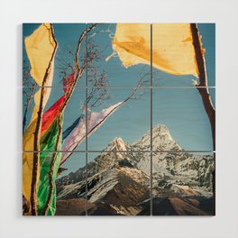 Mountains | Mount Ama Dablam in the Himalayas between Tibetan prayer flags art print photography Wood Wall Art