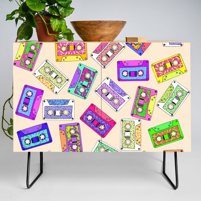 Retro 80's 90's Neon Patterned Cassette Tapes Credenza