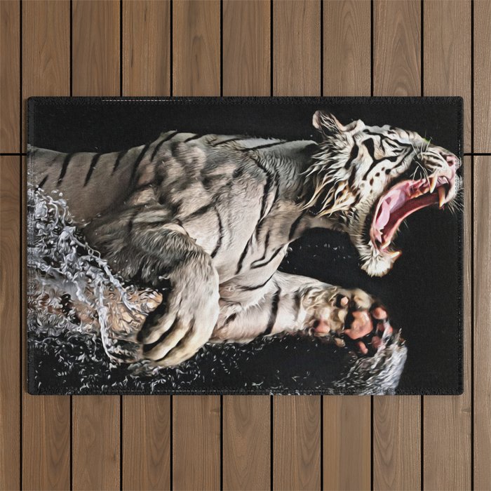 White Tiger Roar in the Water Outdoor Rug