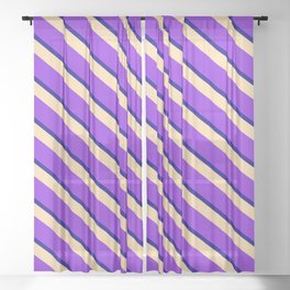 [ Thumbnail: Tan, Purple, and Dark Blue Colored Striped/Lined Pattern Sheer Curtain ]