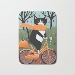 Tuxedo Cat Autumn Bicycle Ride Bath Mat | Autumn, Acrylic, Autumnbicycleride, Bicycle, Tuxedocat, Orange, Cat, Folkart, Pumpkin, Painting 