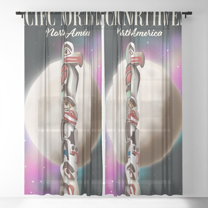 Pacific Northwest Totem pole travel poster. Sheer Curtain