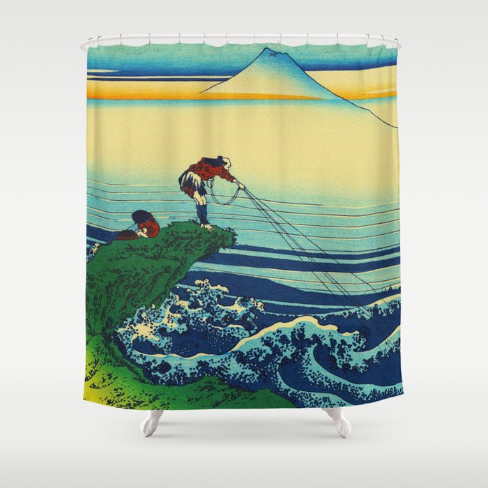 Vintage Japanese Art - Man Fishing Shower Curtain by Yesteryears