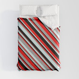 [ Thumbnail: Red, Dark Grey, Light Cyan, and Black Colored Striped Pattern Duvet Cover ]