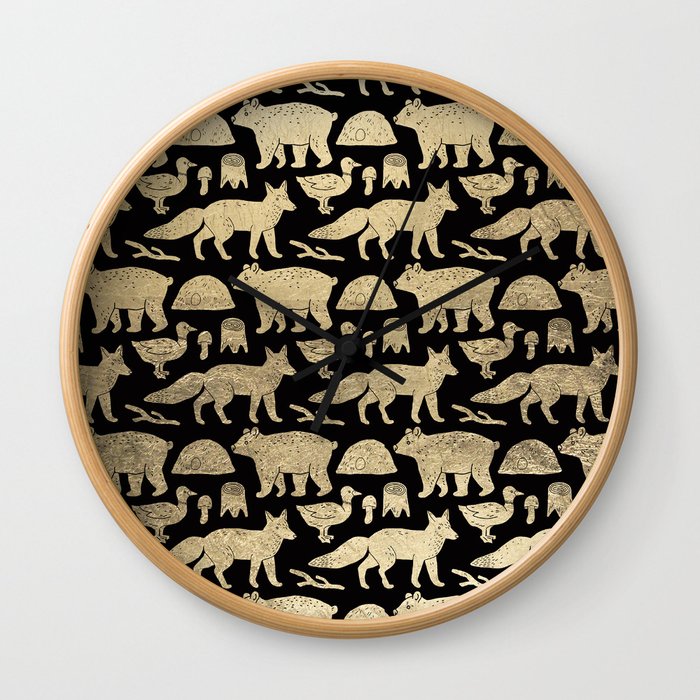 Elegant black faux gold cute wolfs bears ducks pattern Wall Clock