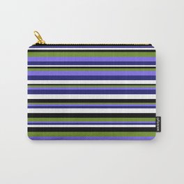 [ Thumbnail: Eye-catching Black, Green, Medium Slate Blue, Midnight Blue, and White Colored Stripes/Lines Pattern Carry-All Pouch ]